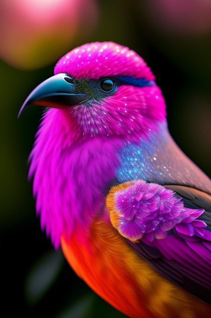 A colorful bird with a black and purple head and purple feathers.