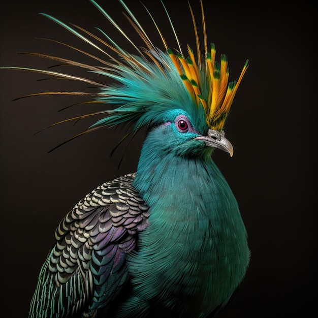 Photo a colorful bird with a blue and green head and a yellow feather on its head.