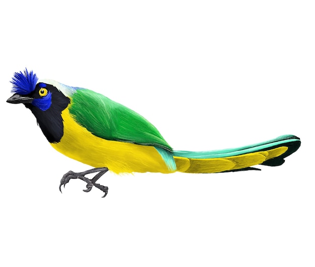 A colorful bird with a blue head and black head is standing on a white background.