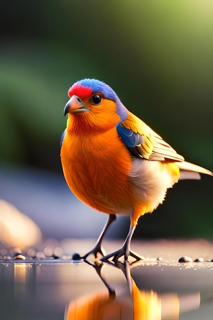 A colorful bird with a blue head and blue on the bottom.