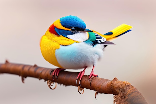 A colorful bird with a blue head and blue head sits on a branch