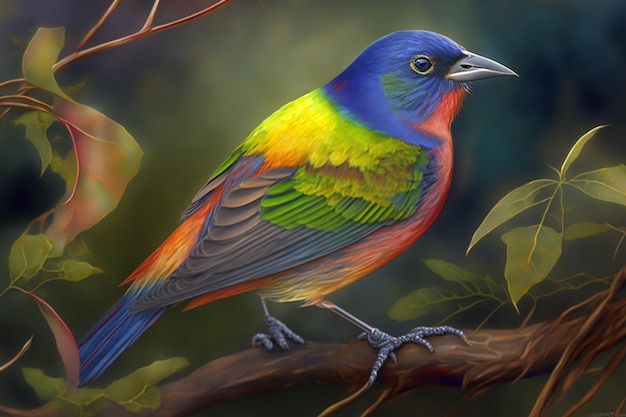 Красочная птица с синей головой и зелеными крыльями сидит на ветке.