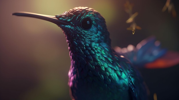 A colorful bird with a blue head and purple feathers