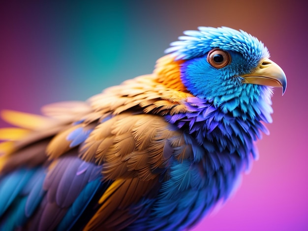 A colorful bird with a blue head and yellow eyes is shown.