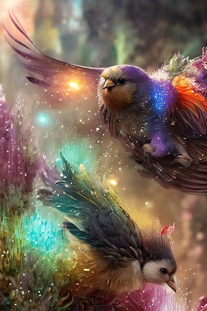 A colorful bird with a blue tail and a purple tail is flying in the sky.