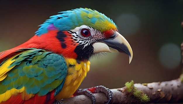 a colorful bird with a blue and yellow beak and a red eye