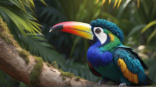 a colorful bird with a blue and yellow beak sitting on a branch