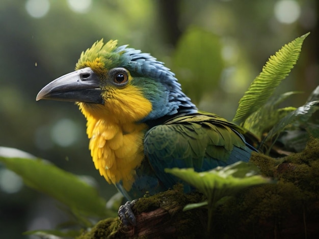 a colorful bird with a blue and yellow head and a green head