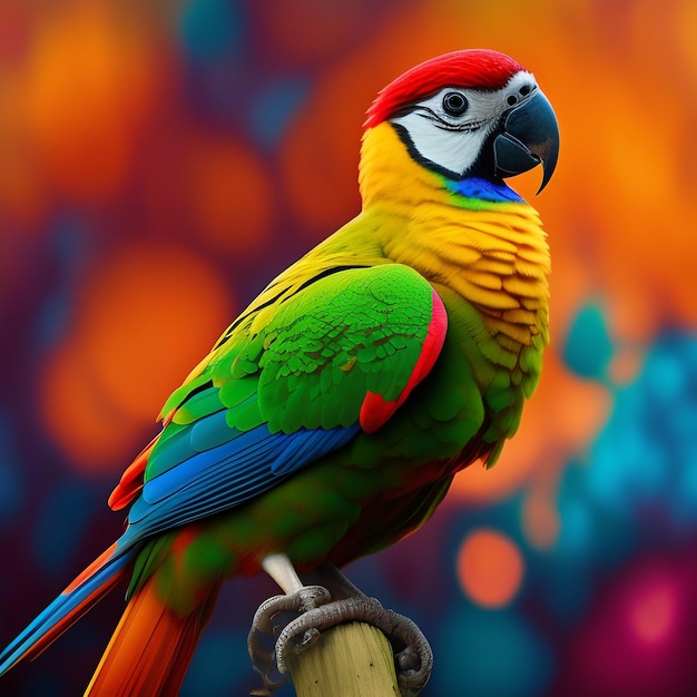 A colorful bird with a blue and yellow head is sitting on a branch