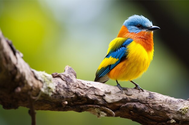Красочная птица с сине-желтой головой сидит на ветке
