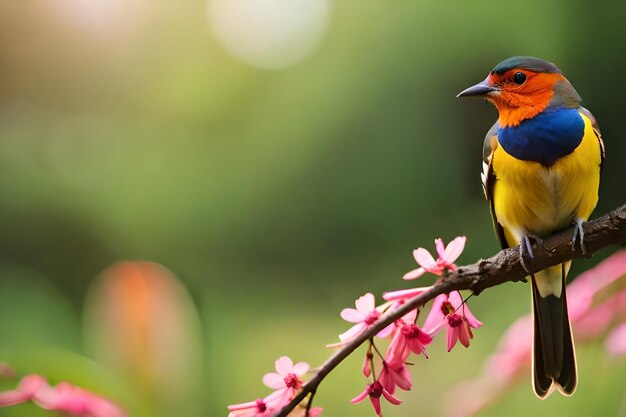 A colorful bird with a blue and yellow head and a purple head