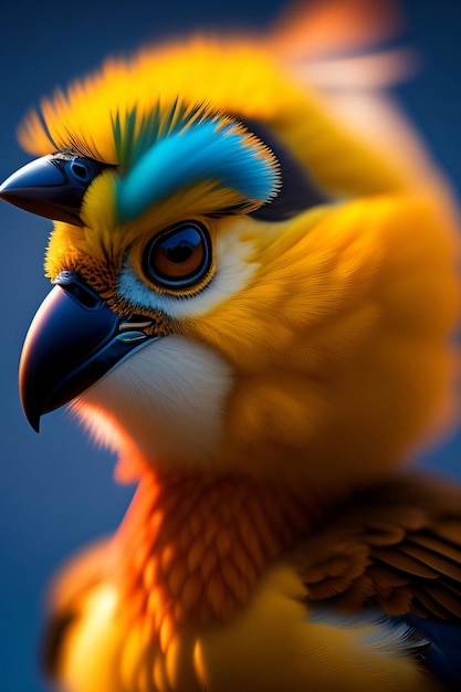 A colorful bird with a blue and yellow head