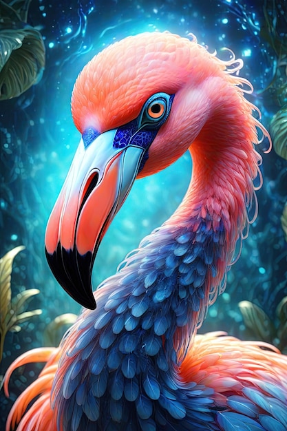 a colorful bird with a bright blue background