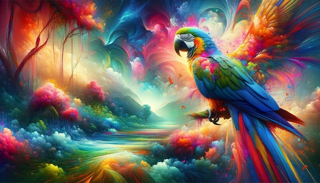 a colorful bird with a colorful background of clouds and a bird