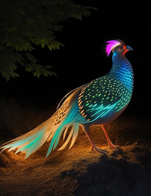 a colorful bird with a colorful tail with a blue and green tail.