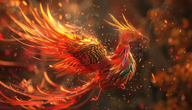 A colorful bird with a fiery tail is flying through a fiery sky by ai generated image