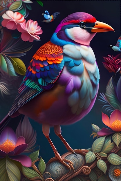 A colorful bird with a flower in the background