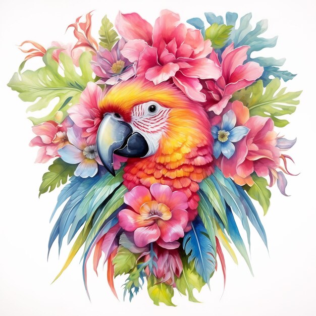 a colorful bird with flowers and a parrot on it