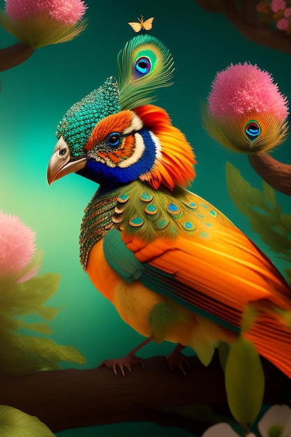 A colorful bird with a green head and blue feathers.