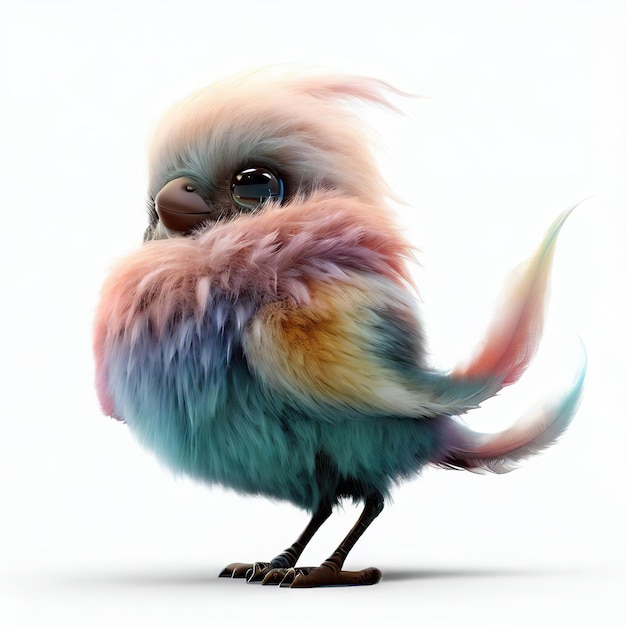 A colorful bird with a large feathered head and a tail.