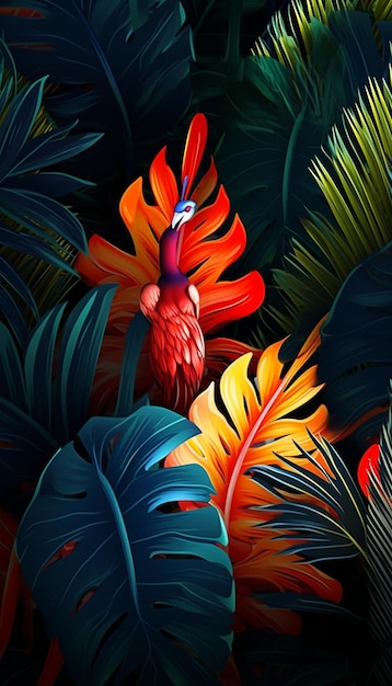 красочная птица с оранжевыми и желтыми перьями стоит в тропической обстановке.