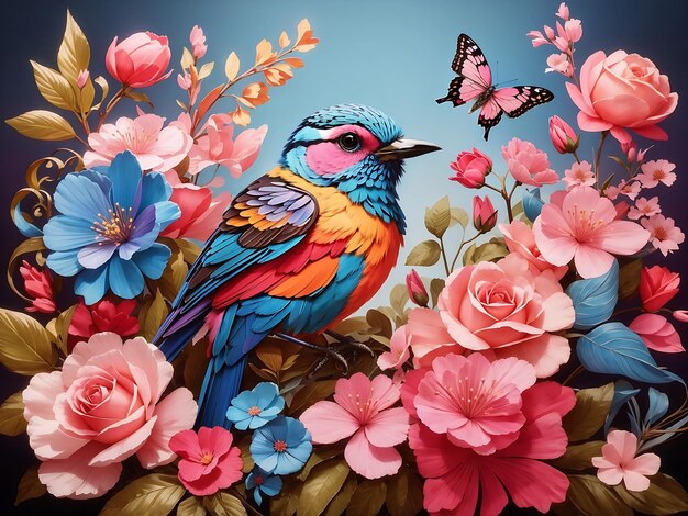 colorful bird with pink and blue flowers and butterflies Generate Ai