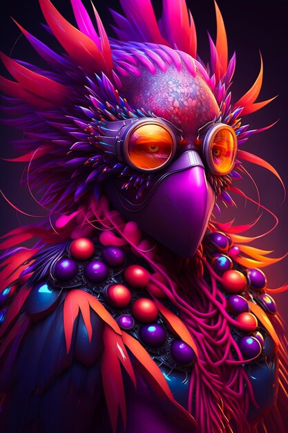 A colorful bird with a purple face and orange glasses