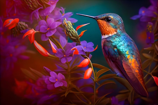 A colorful bird with a purple flower in the background