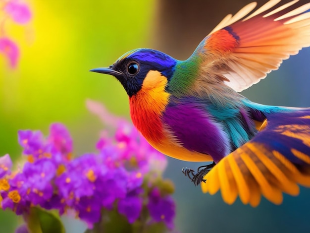 A colorful bird with a purple and orange body and a green background
