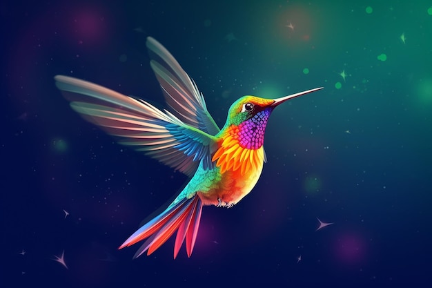 a colorful bird with a purple and orange head and wings is flying in the air.