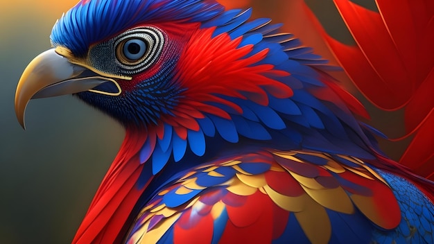 a colorful bird with a red and blue feathers on its head