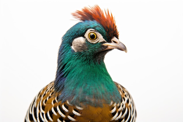 a colorful bird with a red head and a blue tail