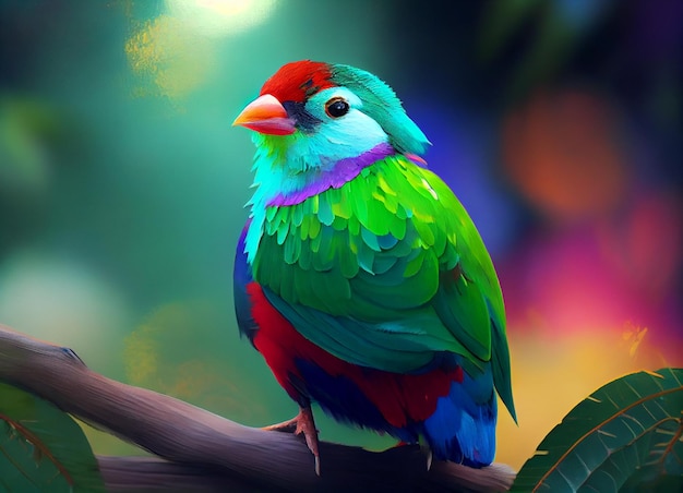 A colorful bird with a red head and green feathers sits on a branch.