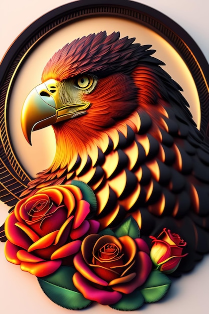 A colorful bird with roses and a red head is surrounded by a black circle.