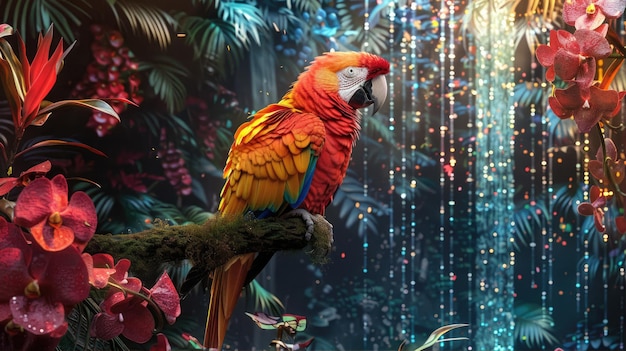 A colorful bird with a sharp beak sits on a branch in front of a majestic waterfall surrounded