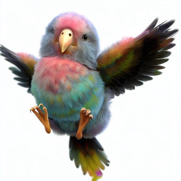 A colorful bird with a white background and a black and red tail.