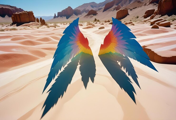 Photo a colorful bird with wings spread out in the desert