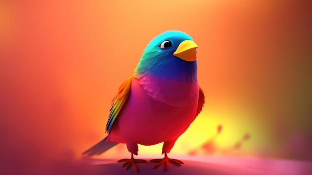 A colorful bird with a yellow beak and blue tail stands on a pink background.