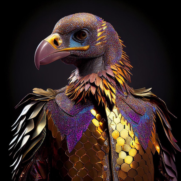 Красочная птица с желтым клювом и фиолетовым клювом.