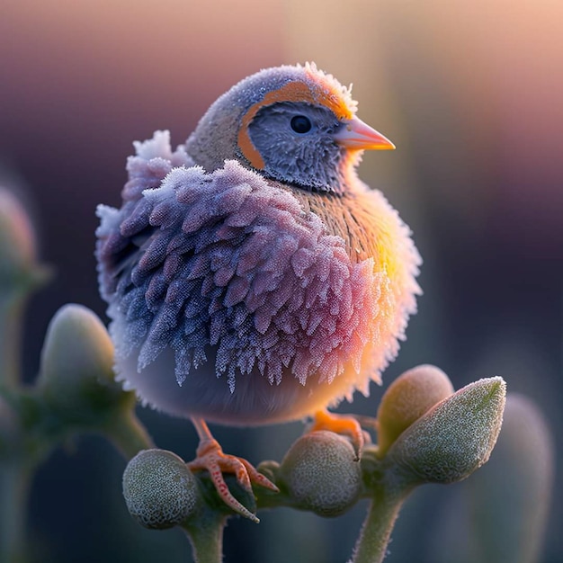 黄色いくちばしを持つカラフルな鳥が枝に座っています。