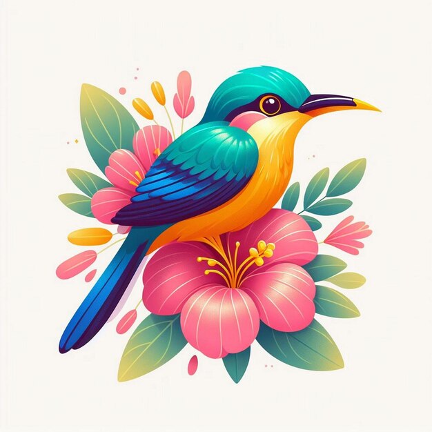 Photo a colorful bird with a yellow beak sits on a pink flower