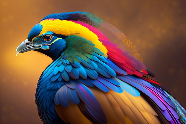 A colorful bird with a yellow and blue head and red feathers.