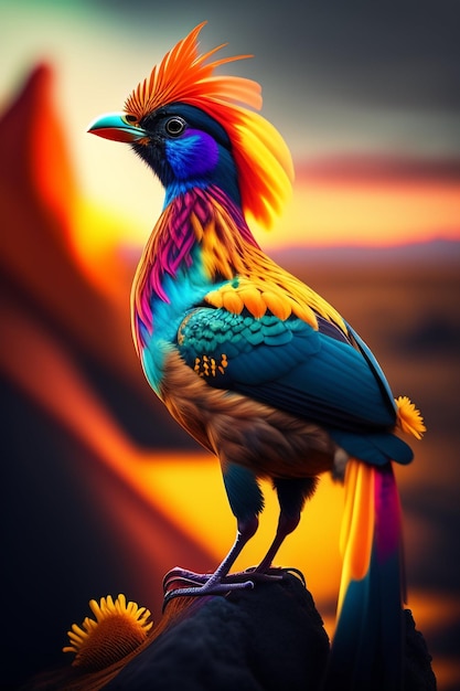 Красочная птица с желтой головой и голубыми перьями.