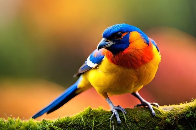 A colorful bird with a yellow head and blue wings sits on a branch.