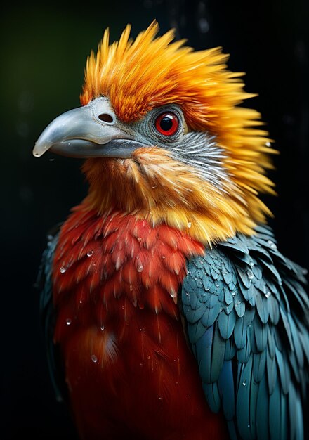 a colorful bird with a yellow and red head and orange feathers