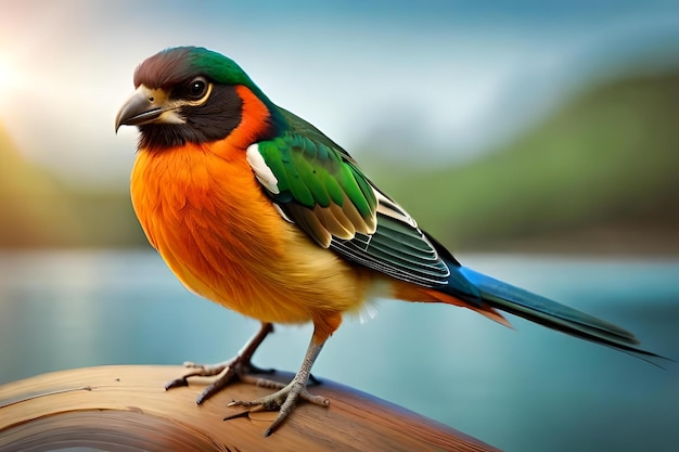 Colorful bird on a wooden post with the sun behind