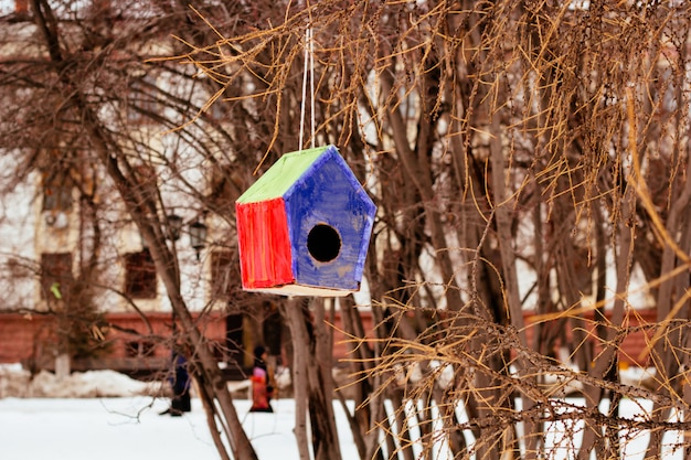 Colorful birdhouse in the city park