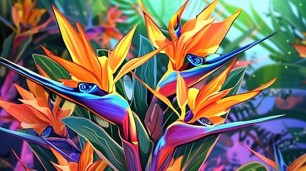 Colorful birdofparadise flowers fantasy concept illustration painting