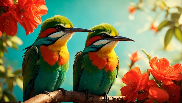 Colorful birds ai generated over branch