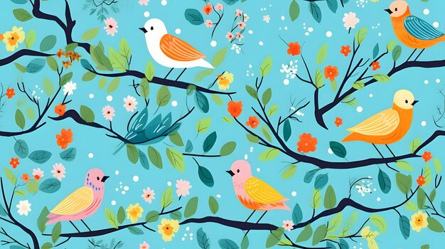 Фото Красочные птицы и гнезда на голубом фоне